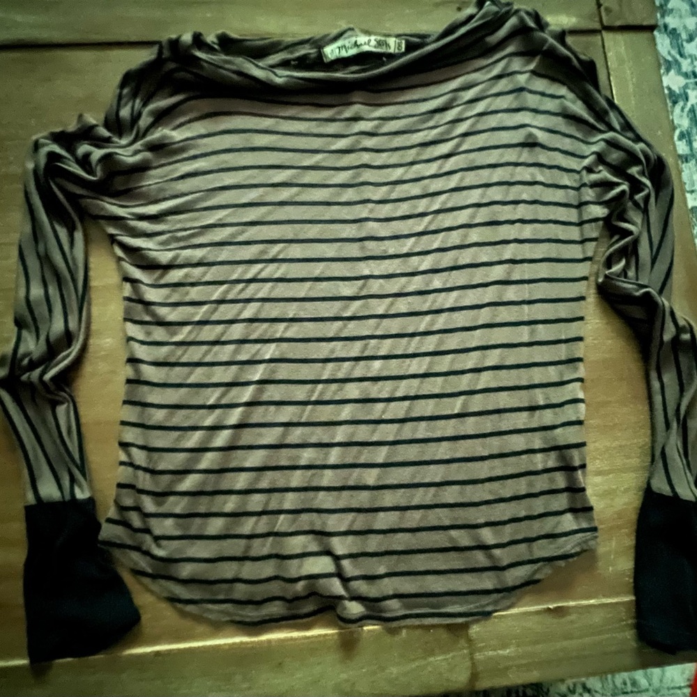 Michael Stars Black and White Relaxed Ribbed Long Sleeve Top